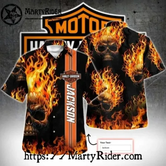Discover Flaming Skulls All Over Harley Motor Racing Davidsonn Aloha Shirt