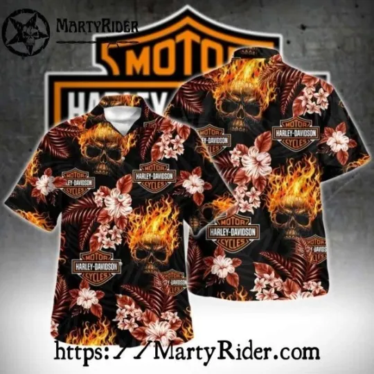 Discover Flaming Skulls And Hibiscus Harley Motor Racing Davidsonn Aloha Shirt