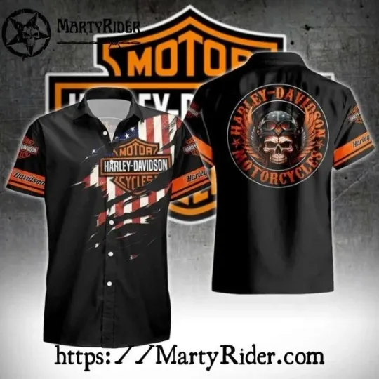Discover Flag And Skull Rider Harley Motor Racing Davidsonn Hawaiian Shirt