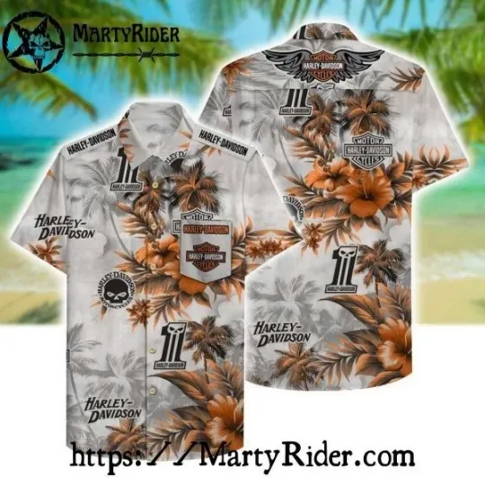 Discover Orange Hibiscus Fade Harley Motor Racing Davidsonn Hawaiian Shirt
