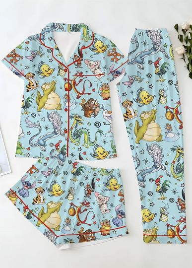 Discover Disney Characters Pajama Set, Cute Cartoon Sleepwear, Olaf Stitch Mushu Pascal Abu Movie Lounge Set, Disney Fan Gift