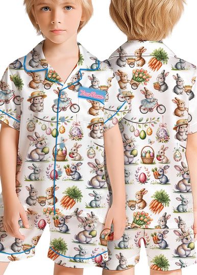 Discover Personalized Easter Bunny Pajama Set, Custom Name Spring Garden Sleepwear, Whimsical Rabbit and Flower Lounge Set, Soft Easter Holiday PJs