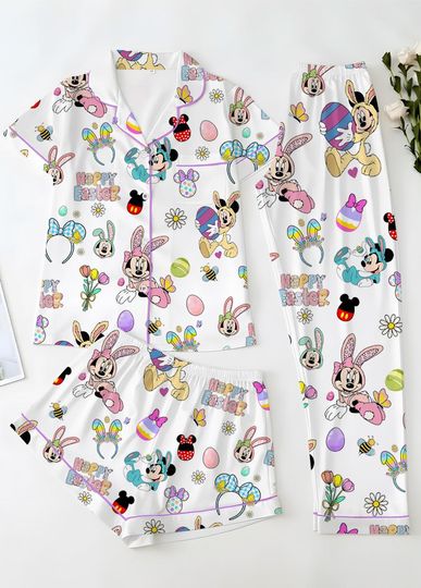 Discover Easter Minnie & Mickey Long/Short Pajama Set, Cute Bunny Spring PJs for Women/Kid, Cartoon Easter Sleepwear, Pastel Holiday
