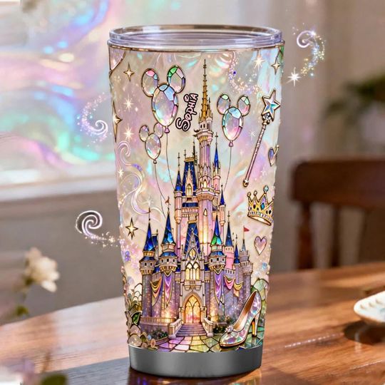 Discover Magical Castle Personalized Insulated Tumbler, Disneyland Mouse Hologram 20oz 30oz Travel Mug, Stained Glass 2D Mug, Gift For Her