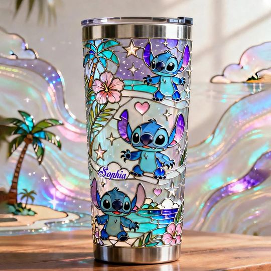 Discover Personalized Surfing Stitch Insulated Tumbler, Hologram 20oz 30oz Travel Mug, Ohaha Family 2D Mug, Hawaii Monster Tumbler