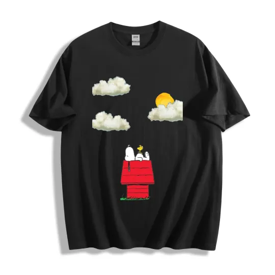 Discover Snoopy Doghouse Sunset Tee - Peanuts Woodstock Roof Chill Cartoon T-Shirt