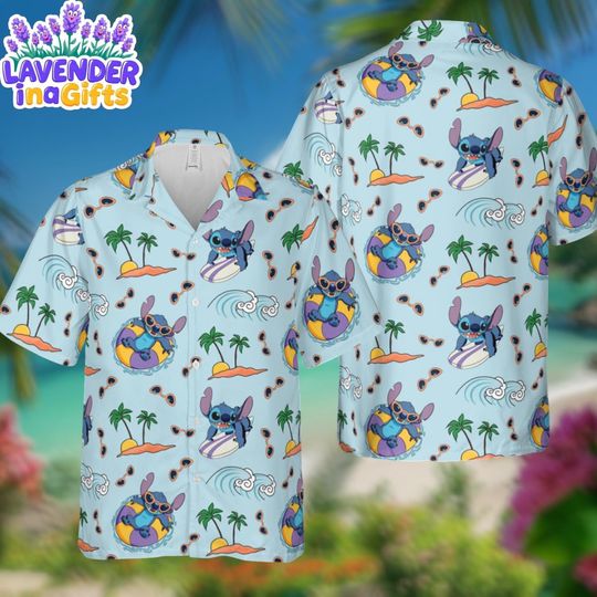 Discover Stitch Surf Hawaiian Shirt, Disney Stitch Tropical Beach Shirt, Summer Vacation Aloha Button Up