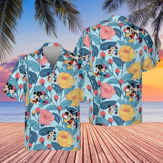 Discover Disney Mickey & Minnie Tropical Flower Retro Blue Unisex Hawaii 2026 Cute