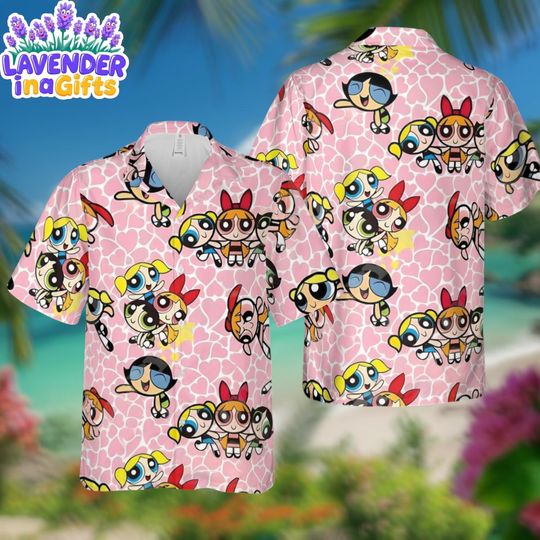Discover Powerpuff Girls Hawaiian Shirt, Cute Pink Cartoon Tropical Shirt, Summer Vacation Aloha Button Up