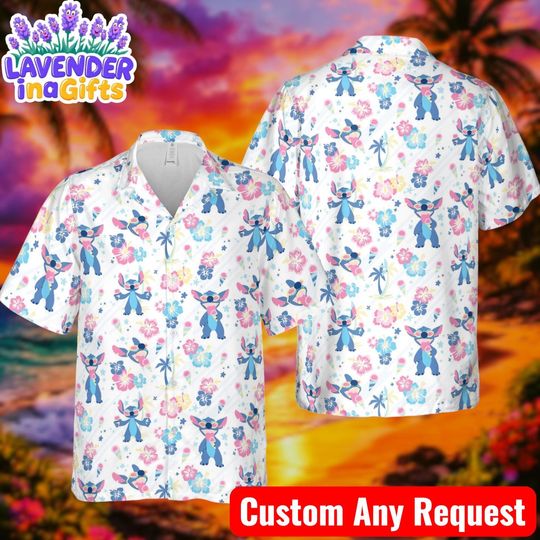 Discover Stitch Hawaiian Shirt, Cute Tropical Floral AOP Shirt, Disney Summer Vacation Beach Button Up for Men Women