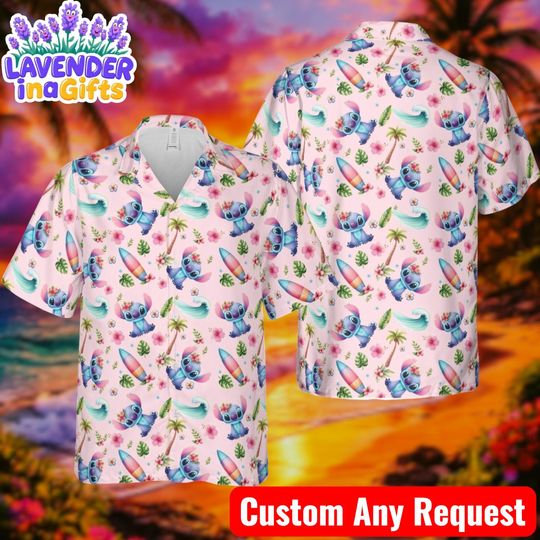 Discover Stitch Pink Hawaiian Shirt, Cute Tropical Disney AOP Shirt, Summer Beach Vacation Button Up for Women Men