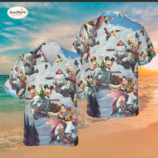 Discover Dumb.o and Mickey Hawaiian Shirt, Disney Characters Flying Aloha Shirt, Vintage Dum.bo Magic Kingdom Button Down