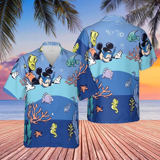 Discover Mickey Mouse Scuba Diving Hawaiian Shirt, Disney Ocean Adventure Aloha Shirt, Mickey Under the Sea Button Down, Disney Cruise Trip Shirt