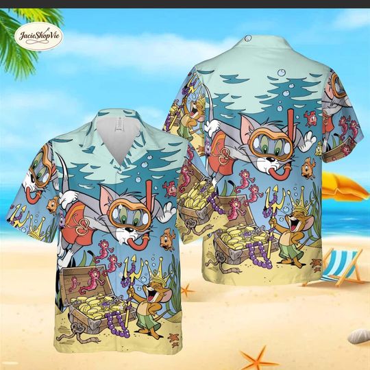 Discover Tom and Jerry Undersea Adventure Hawaiian Shirt, Scuba Diving Cat and Mouse Aloha Shirt, Funny Treasure Hunt Beach Wear, Summer Button Down