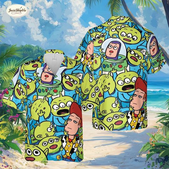 Discover Funny Toy Characters Hawaiian Shirt, Cute Alien Green Men Button Down Summer Shirt, Buzz and Woody Beach Shirt