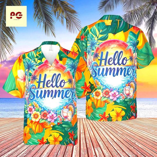 Discover Hello Summer Hawaiian Shirt, Tropical Floral Button Up, Beach Vacation Aloha Shirt, Colorful Summer Party Shirt