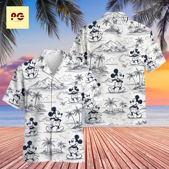 Discover Vintage Cartoon Mouse Hawaiian Shirt, Black and White Tropical Button Up, Classic Character Aloha Beach Shirt