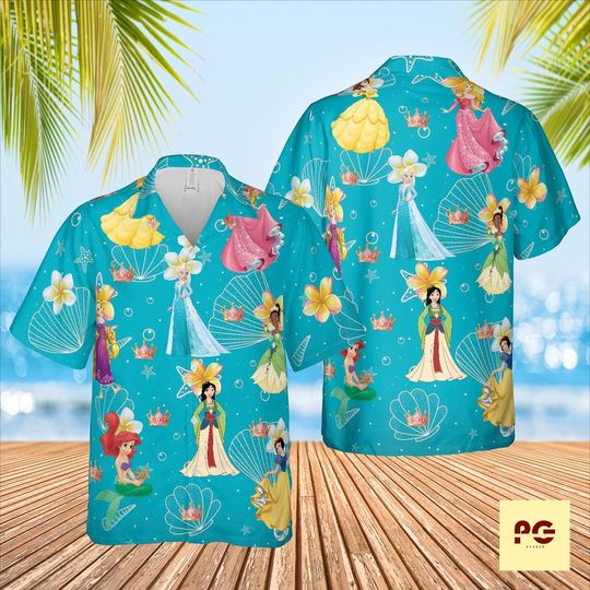 Disney Princess Hawaiian Shirt, Tropical Princess Beach Shirt, Elsa Belle Moana Vacation Button Up Shirt