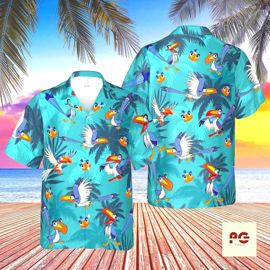 Discover Tropical Bird Hawaiian Shirt, Cartoon Toucan Aloha Shirt, Jungle Vacation Button Up, Summer Beach Party Shirt for Men Women