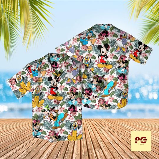 Discover Cartoon Character Hawaiian Shirt, Tropical Aloha Shirt, Summer Vacation Button Up, Cute Floral Beach Shirt for Men Women