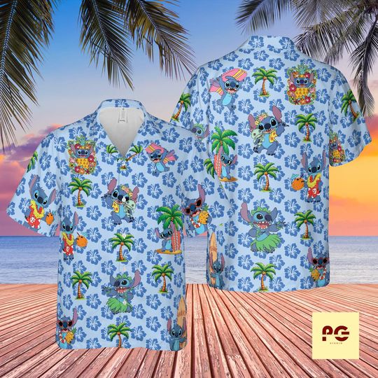 Discover Blue Alien Beach Hawaiian Shirt, Tropical Summer Button Up, Cute Cartoon Island Shirt, Vacation Aloha Shirt, Unisex Resort Wear