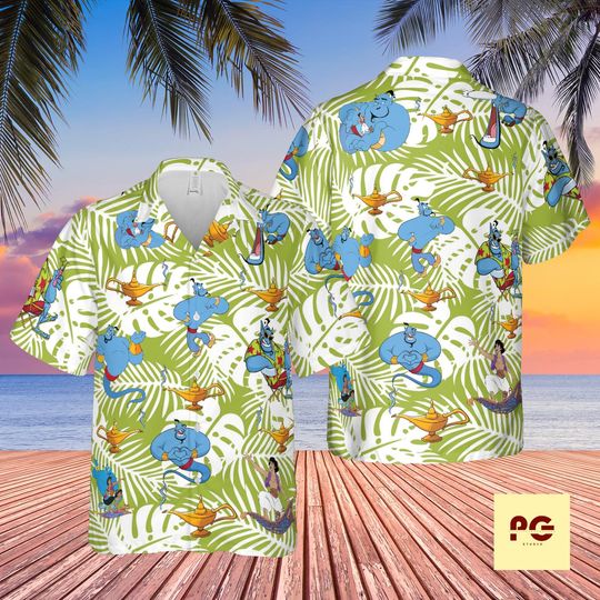 Genie Hawaiian Shirt, Magic Lamp Aloha Shirt, Cartoon Vacation Button Up, Funny Tropical Beach Shirt for Men Women