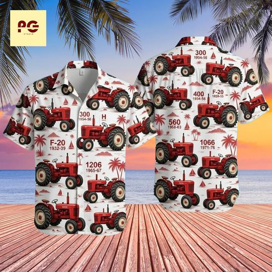 Discover Vintage Red Tractor Hawaiian Shirt, Farm Equipment Aloha Button Up, Farmer Gift Shirt, Retro Tractor Print Beach Shirt