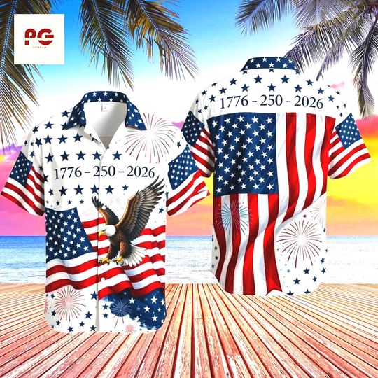 Discover America 250 Hawaiian Shirt, 17762026 Patriotic Button Up, USA Flag Eagle 4th of July Shirt, Independence Day 250 Years