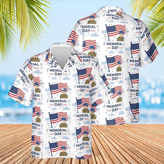 Discover Memorial Day Hawaiian Shirt, USA Flag Soldier Print, Tropical Summer Aloha Shirt
