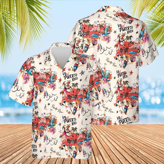Puerto Rico Map Print Hawaiian Shirt, Tropical Aloha Summer Beach Vacation Shirt