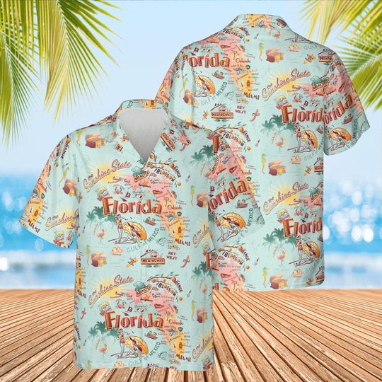 Discover Florida Map Hawaiian Shirt, Tropical Beach Vacation Button-Down (Adult/Kid)