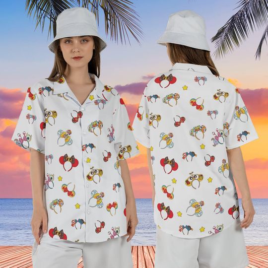 Discover Disney Pixar Ear Headband Hawaiian Shirt  Mens Button-Down Summer Shirt  Toy Story & Up Theme Park Vacation Outfit