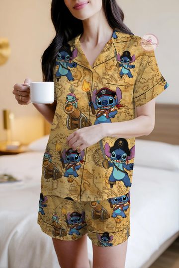 Discover Stitch Cruise Hawaiian Pajamas Set, Disney Cruise Hawaii Set for Women, Pirates Of The Caribbean, Lilo And Stitch Pajamas Set