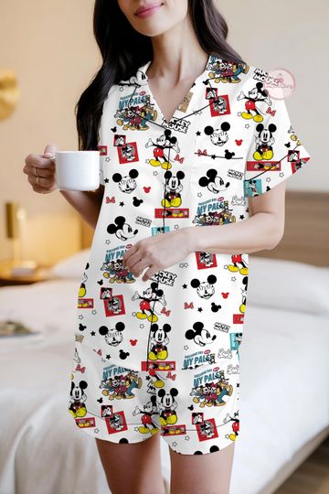 Discover Retro Mickey & Pals Sticker Print Pajama Set  Cute Cartoon Lounge Sleepwear, Disney Inspired PJs, Gift for Her, Cruise Outfit
