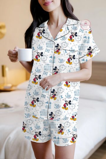 Discover Retro Cartoon Nautical Pajama Set  Vintage Mouse Inspired Sleepwear  Soft Pajamas Blue Anchor Compass Print