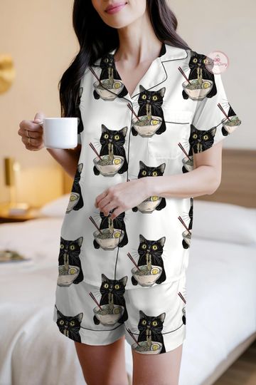 Discover Women's Noodle Cat Pajama Set, Sleepwear, Cute Funny Noodle Cat Print PJs, Kawaii Summer Lounge Set for Her, Gift for her
