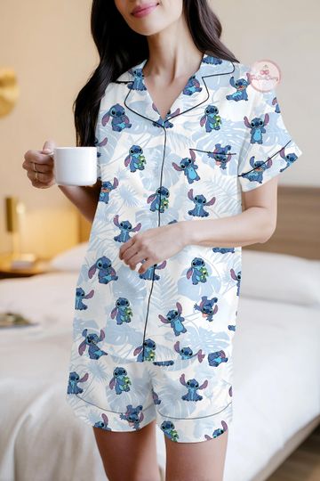 Discover Stitch Hawaiian Pajama Set, Disney Trip Sleep Wear Matching Family Disney Trip Set, Summer Trip for her, disney lover gift, Summer vacation