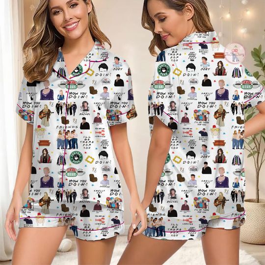 Discover Friends TV Show Pajama Set | Central Perk Print Sleepwear, Friends Sitcom PJs, Cute Button Up Pajamas, Friends Fan Gift, Cozy Lounge Set
