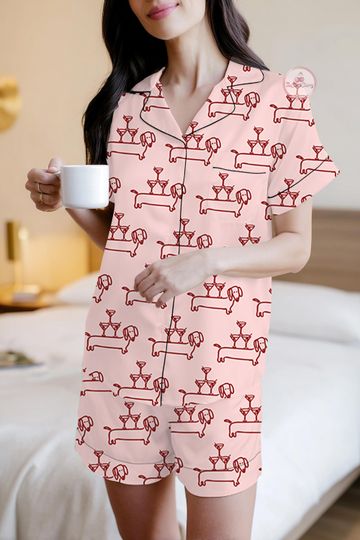 Discover Womens Dachshund Pajama Set, Martini & Weenies Print, Women's Sleepwear, Dog Pajama, PJs Family, Pajama Gifts for Her