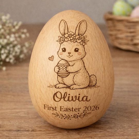 Discover Personalized Wooden Easter Egg, Custom Engraved Bunny Keepsake, Baby First Easter Gift