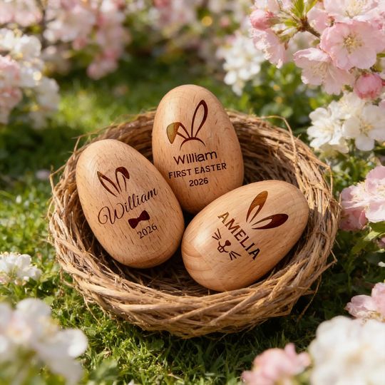 Discover Personalized Wooden Easter Egg Shakers, Custom Musical Egg Toy, Engraved Baby First Easter Gift, Kids Easter Basket Stuffer, Wood Rattle