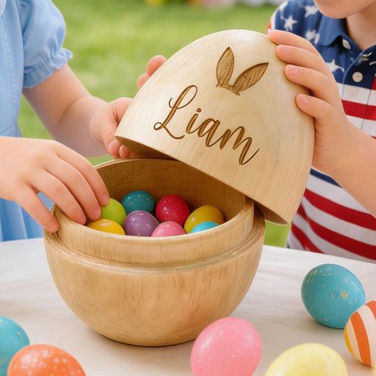 Personalized Wooden Easter Egg: Engraved Hollow Egg Decor 2026 Custom Name Gift