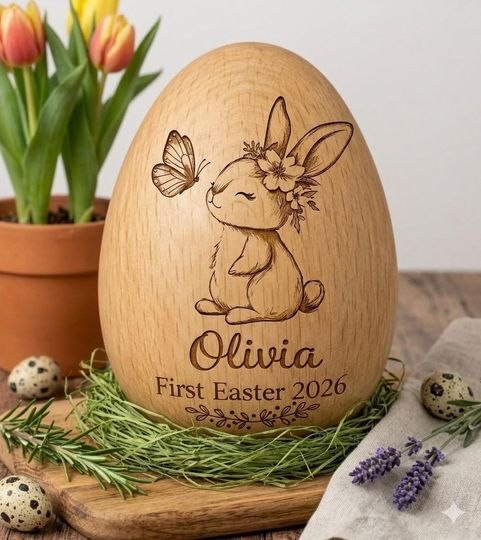 Personalized Wooden Easter Egg Keepsake, First Easter 2026 Bunny Engraving