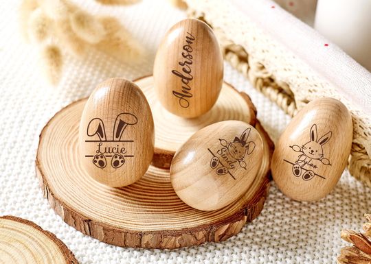 Discover Personalized Wooden Easter Egg Shakers, Engraved Kids Musical Instrument Set, Montessori Toddler Rattle, Babys First Easter Gift