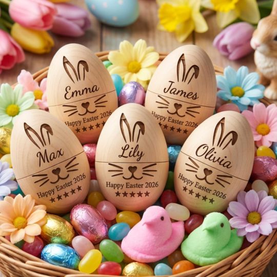 Wooden Easter Egg, Custom Name Easter Egg, Easter Basket Stuffer for Kids, Engraved Easter Gift, Easter Bunny Egg, Baby First Easter Gift