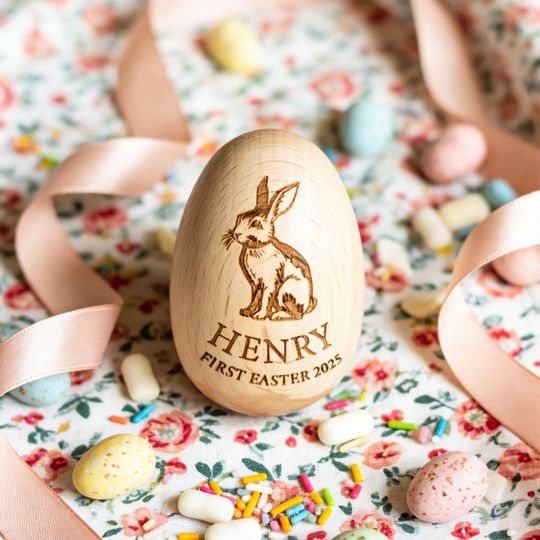 Personalized Easter Egg Shaker with Bunny Face and Name  Natural Beechwood | Musical Egg | First Easter Gift for Baby