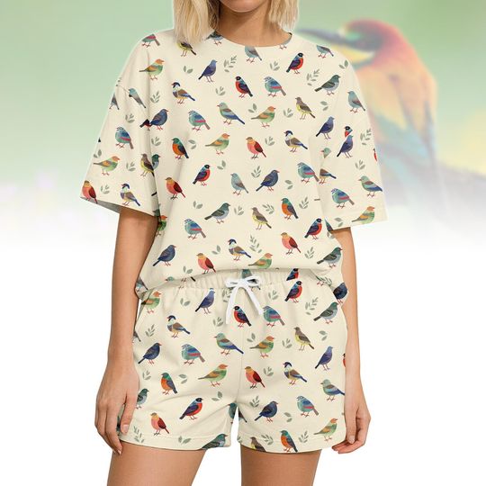 Discover Bird Short Pajamas Set, Gift For Bird Lover, Animal T-shirt Short For Women, Bird Nerd Sleepwear, Bird Owner Gift