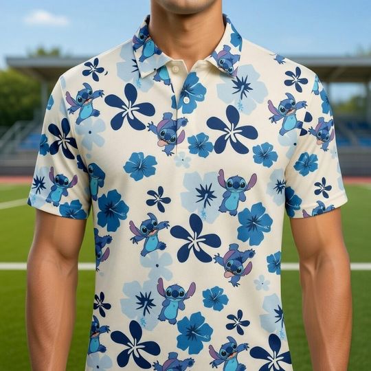 Discover Stitch Hawaiian Floral Polo Shirt, Lilo and Stitch Hibiscus All Over Print Mens Short Sleeve Collar Shirt, Disney Tropical Summer Gift