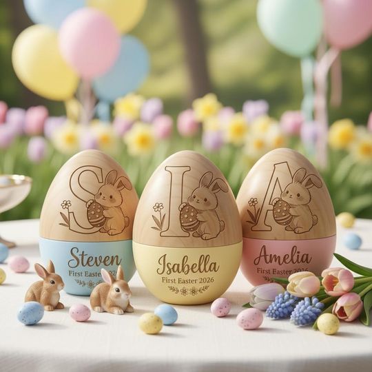 Discover Personalized Wooden Easter Egg For Baby's First Easter, Custom Name Engraved Keepsake Gift, Egg Basket Filler