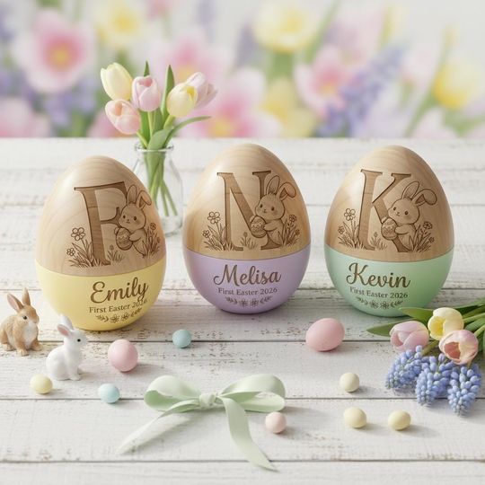 Discover Personalized Wooden Easter Egg, Baby's First Easter Gift, Custom Name Engraved Bunny Decor, Heirloom Spring Nursery Present